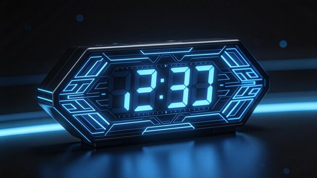 Futuristic digital clock with blue glow