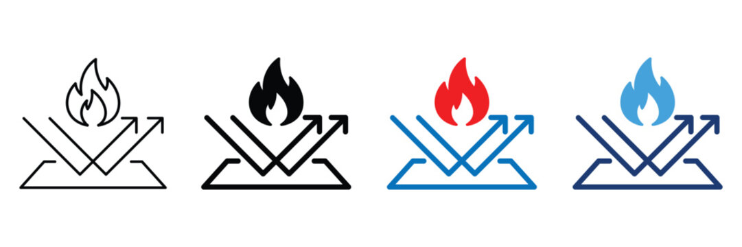 Fireproof and fire resistant material icon set with flame and shield protection symbol for industrial safety, vector illustration.