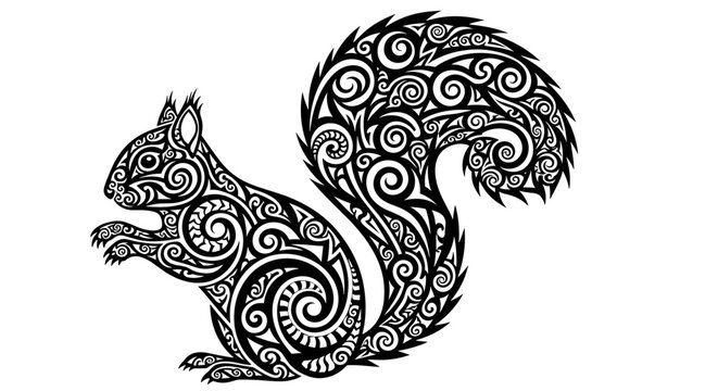Black and white squirrel illustration.