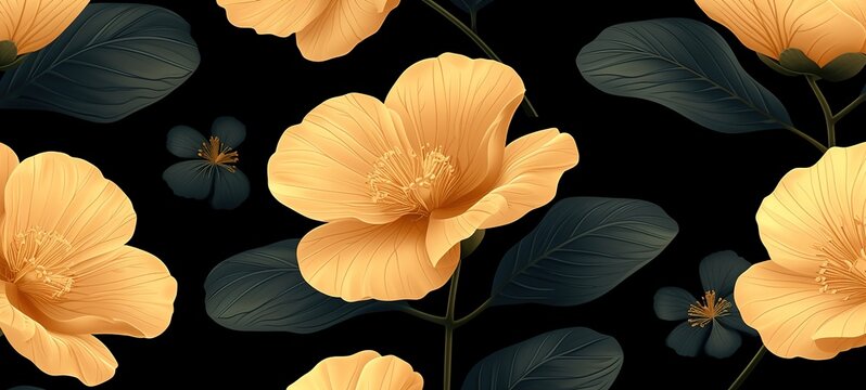 Vibrant Orange Flowers with Dark Green Leaves on Black Background