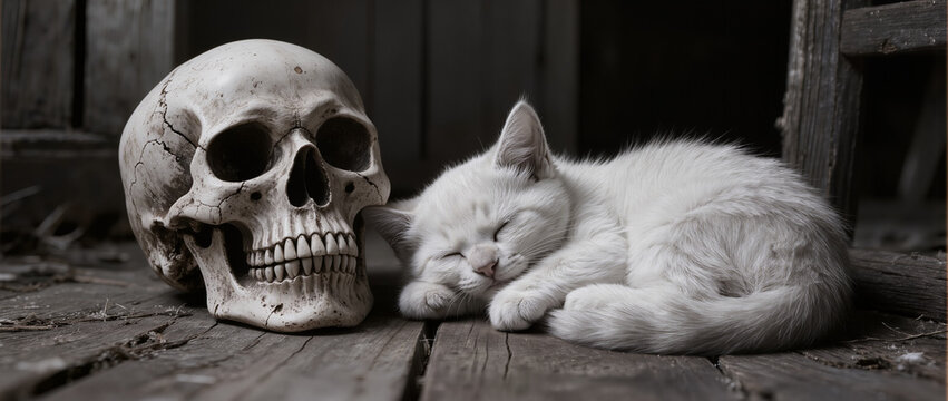 A little white cat sleep close to the skull , in the wooden house , black color tone , sad and dark mood.