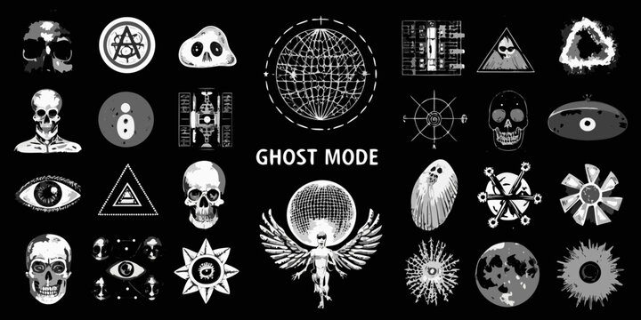 An assortment of occult symbols skulls eyes and geometric shapes