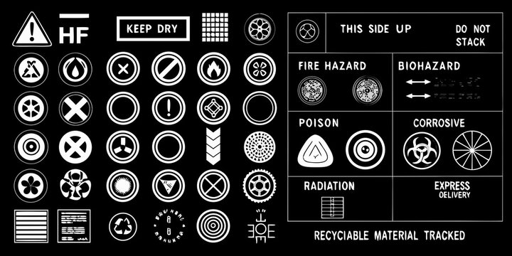 Collection of shipping symbols and hazard warning labels on black background