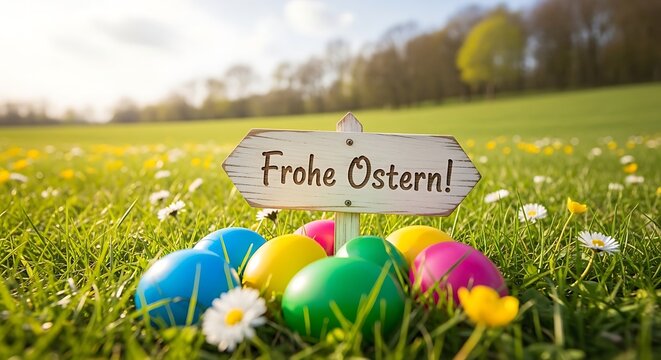 Frohe Ostern Gru&szlig;karte mit Ostereiern und Holzschild &ndash; Deutsche Osterkarte auf gr&uuml;ner Wiese