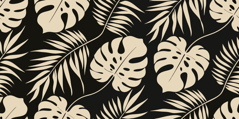 Tropical monstera and palm leaves create a seamless dark pattern © Tapan