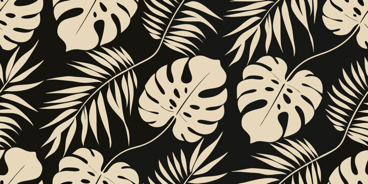 Tropical monstera and palm leaves create a seamless dark pattern