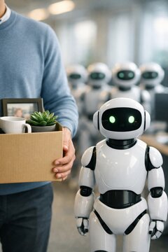 Robot replacing office worker at computer. Employee fired holding box of belongings. AI taking jobs from humans. Automation impact on workplace. Technology disruption concept.