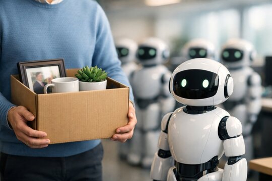 Robot next to fired employee with box. Worker leaving office after job loss. AI replacing humans at workplace. Automation impact on employment and economy. Business crisis concept.