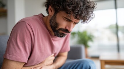Fototapeta premium Man suffering from stomach pain at home. Abdominal pain and digestive problem concept. Adult holding belly with cramps. Gastrointestinal illness and discomfort. Healthcare theme.