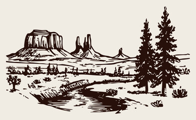 Fototapeta premium Hand Drawn Desert Landscape with Mesa Mountains, River and Pine Trees Vintage Line Art Illustration