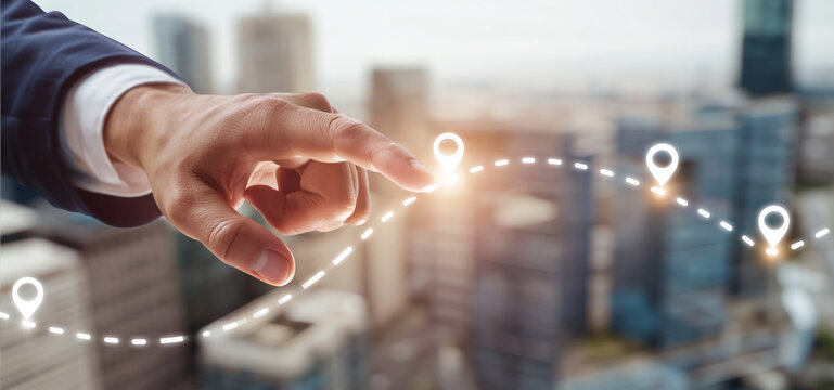 A professional hand points to a glowing destination on a digital path over a modern city landscape