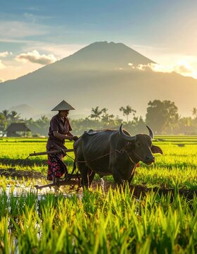 Traditional Balinese Farmer Plowing Rice Paddy with Water Buffalo Against Majestic Volcano Backdrop at Sunrise.