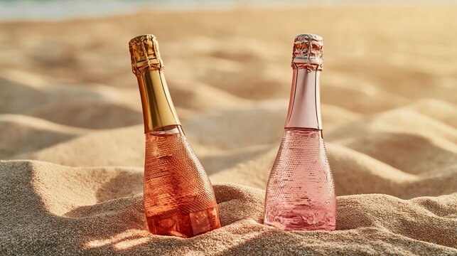 Two sparkling wine bottles, one gold and one pink, partially buried in sandy beach, with soft sunlight illuminating the scene and ocean waves in the background