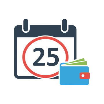 Calendar with 25 marked, Wallet with money icon, Financial planning, Payment due date