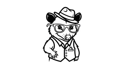 Naklejka premium Stylish Opossum Cartoon Character Wearing Hat and Glasses