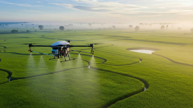 Agricultural Spraying Drone Flying Over Vast Green Rice Paddy at Dawn