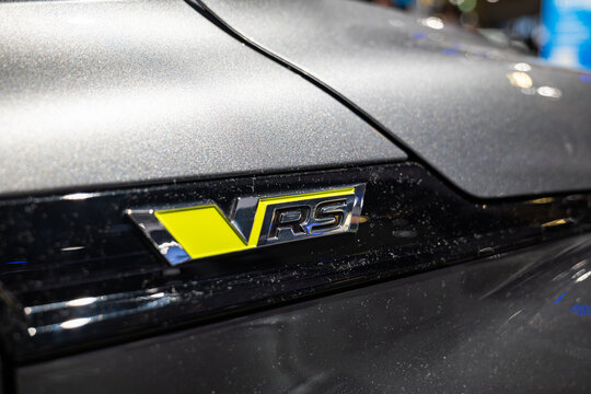Zurich, Switzerland, October 10, 2025. Close up of the vRS performance badge on a grey Skoda Enyaq Coupe RS iV at the Auto Zurich motor show