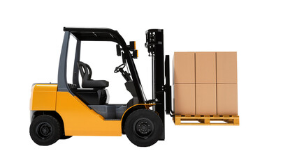 Yellow Forklift Truck Carrying Cardboard Box on Wooden Pallet © Lukas