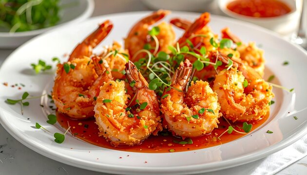 A plate of succulent shrimp in a spicy red sauce garnished with microgreens