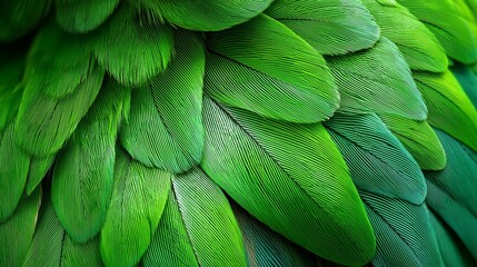 Obraz premium Close-up view of vibrant green feathers showcasing intricate patterns and textures, highlighting the natural beauty of avian plumage in a detailed macro shot