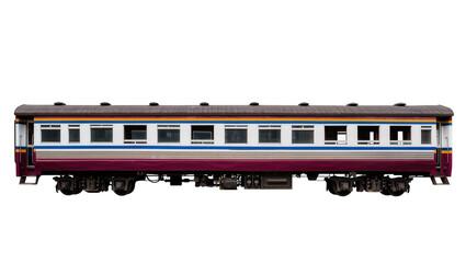 Long blue and red passenger train carriage with multiple windows © Lukas