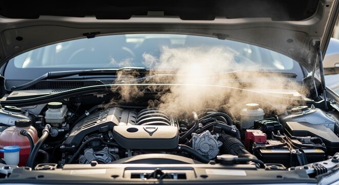 Overheated engine steam rising from modern car engine compartment. Engine shows details with various components, hoses, and machinery parts.