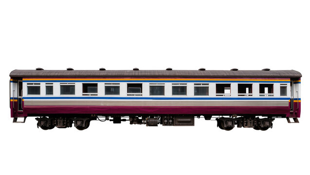 Long blue and red passenger train carriage with multiple windows