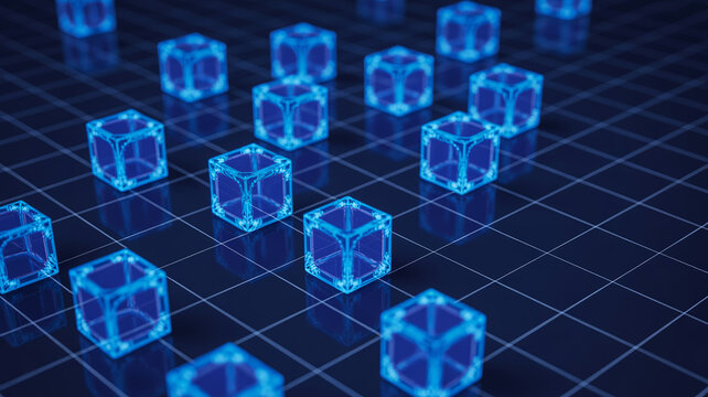 Glowing blue digital blockchain cubes on dark grid floor representing technology.
