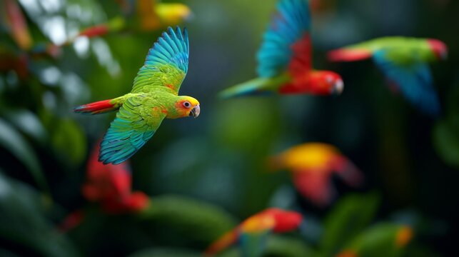Colorful tropical parrots in flight, showcasing vibrant green, blue, and red feathers against a lush green background of foliage and blurred birds