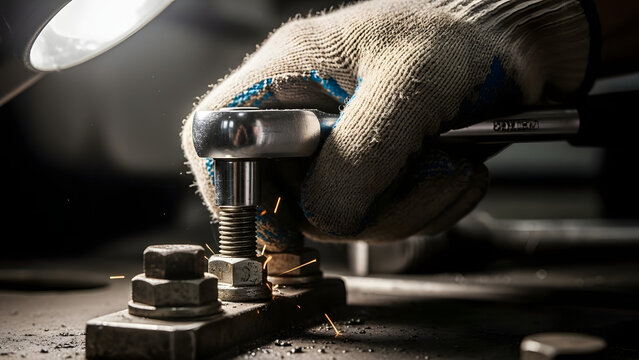 Gloved hand using a ratchet tool to tighten a metal bolt on a steel plate.
