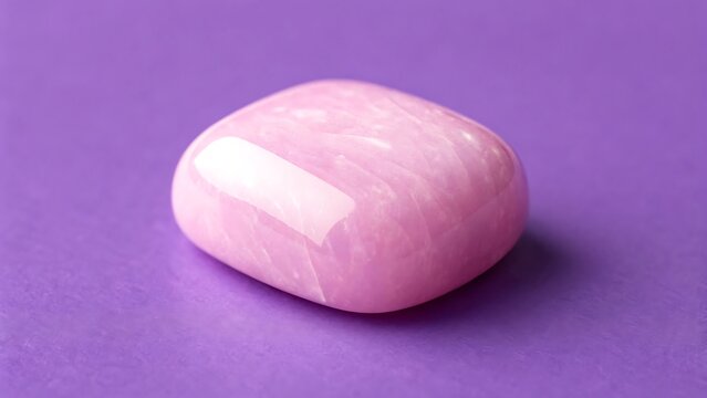 Close-up of a polished pink kunzite gemstone isolated on a vibrant purple background for spiritual healing