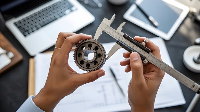 Engineer measures metal gear with vernier caliper at a desk with design tools
