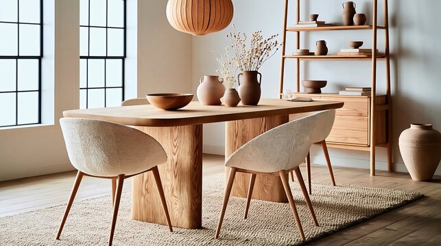 Modern Scandinavian dining room featuring a wooden table, stylish chairs, decorative vases, and natural light streaming through large windows