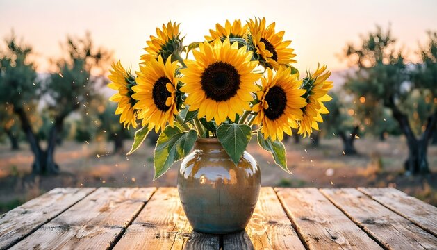 Estate: splendente vaso di girasoli a tramonto