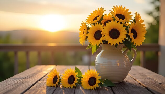 Estate: splendente vaso di girasoli a tramonto