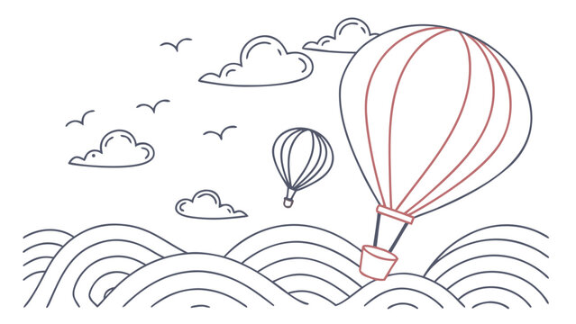 Whimsical hot air balloons float serenely above stylized waves under a cloudy sky.