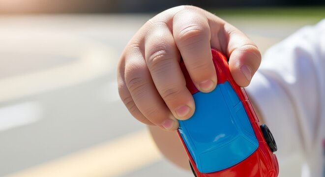 Toddler playing with toy car near road on sunny day. Small child enjoys holding bright red vehicle in hand while exploring traffic surroundings. Concept of childhood playtime with cars.