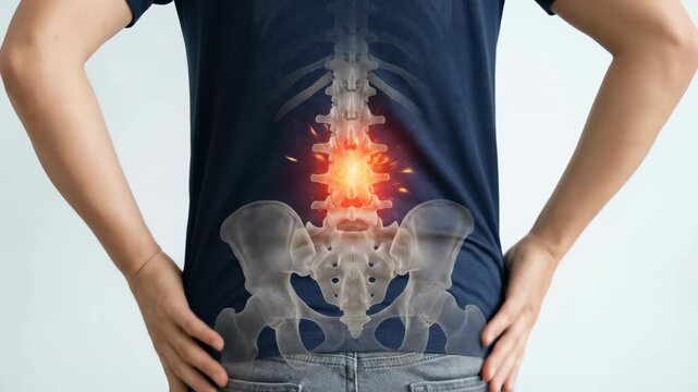 Human anatomy depicting severe lower back pain, highlighting inflamed lumbar spinal discomfort, a pervasive musculoskeletal health condition, indicating need for therapeutic care