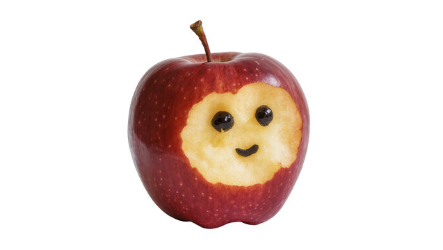 Red apple with bite mark forming smiley face