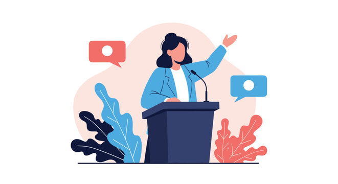 Professional woman standing at a podium delivering a speech with confidence during a public speaking event or conference.