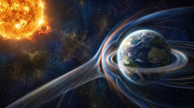 Earth's planetary magnetosphere actively deflecting intense solar wind plasma and energetic particle radiation from a massive luminous cosmic flare.