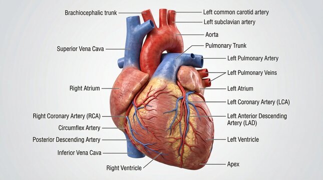 Detailed 3D render of human heart anatomy with labels
