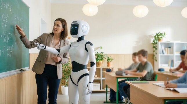 AI in education concept, 3D render of humanoid robot assistant helping a teacher. Artificial intelligence and robotics for innovative learning and future school technology.