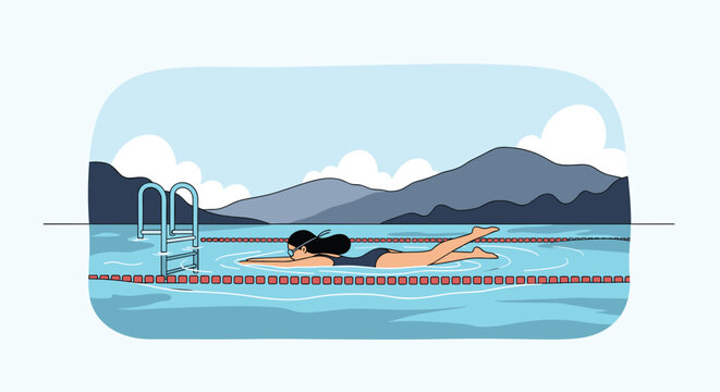 Woman wearing a swimsuit and goggles swimming laps in an outdoor pool with mountains and clouds in the background.