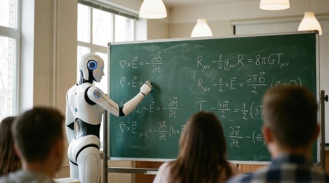 AI in education concept, robot teacher writing physics equations on classroom chalkboard. Future of learning and artificial intelligence integration in academic school settings.