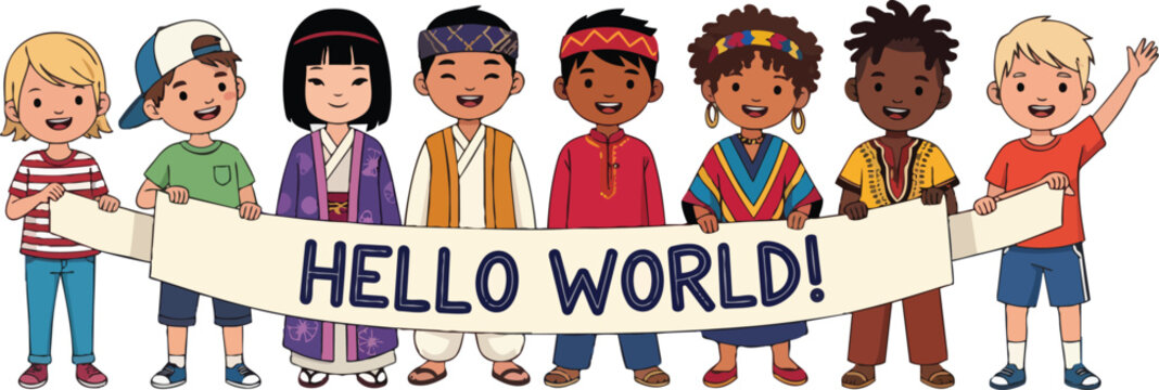 Diverse Children Hold "Hello World!" Banner