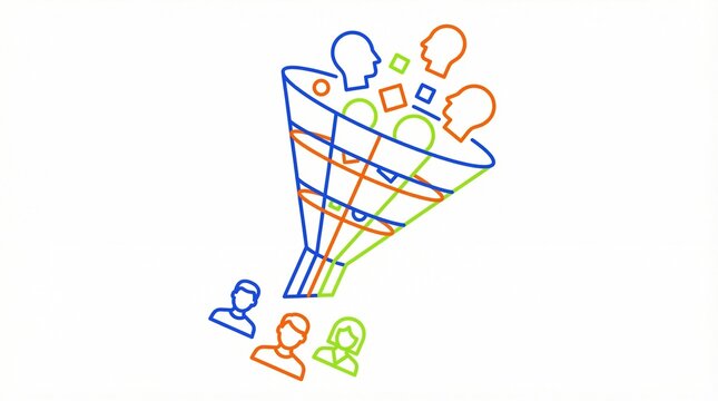 Sales funnel illustration, customer acquisition and lead generation concept, marketing strategy, business conversion process, target audience segmentation, digital advertising, data analysis