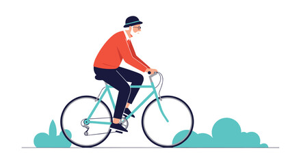 Fototapeta premium Healthy elderly man with a white beard and a hat riding a teal bicycle on a path through a park enjoying active retirement and outdoor fitness exercise.