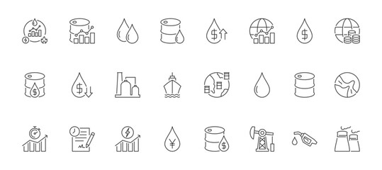Energy Market Icon Set containing global energy market, oil market, oil, crude oil, price increases, global market, petrodollar, global economy, oil price, refinery, and strait of hormuz vector icons © Arif