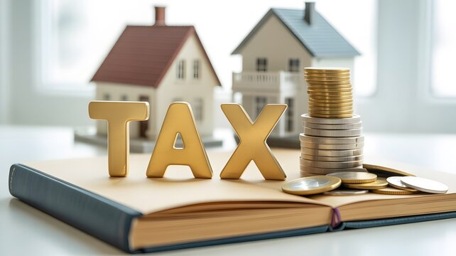 Golden letters spelling TAX on an open book with coins and miniature houses representing property taxation